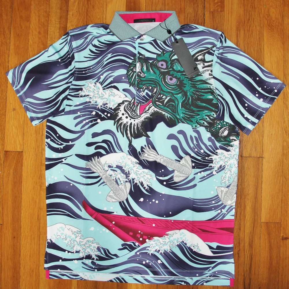 Greyson Mythical Sea Golf Polo Shirt Mens M L XL 2XL Skystone Dragon - Picture 2 of 5